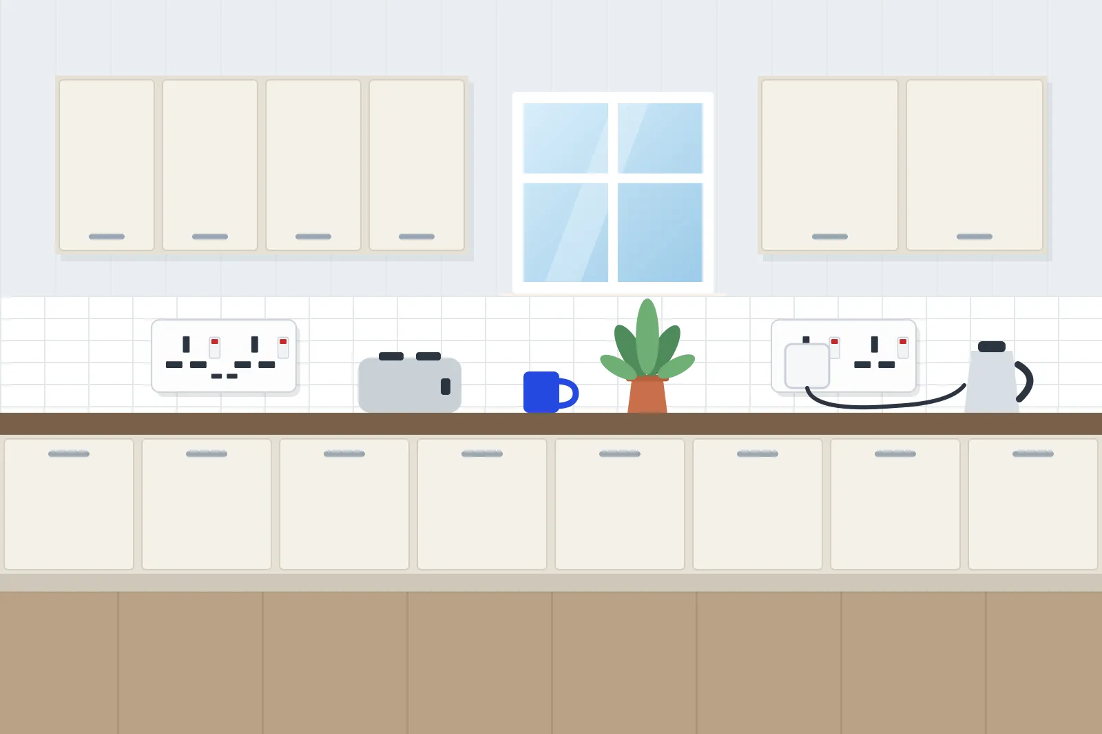 Double sockets on a tiled kitchen splashback with a kettle plugged in on the worktop