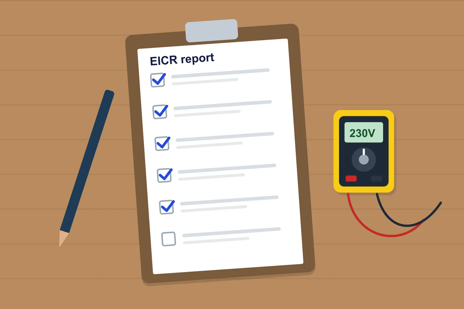 Electrical installation condition report on a clipboard beside a multifunction tester