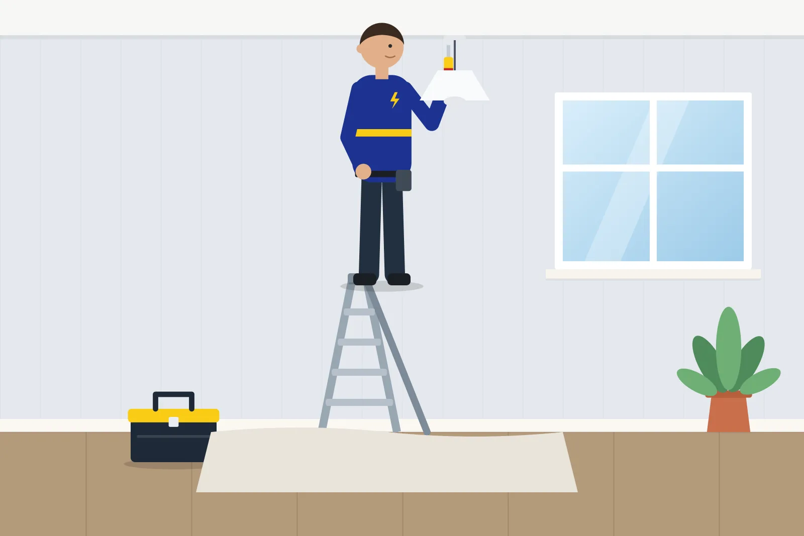 Electrician on a stepladder fitting a pendant light to the ceiling over a dust sheet