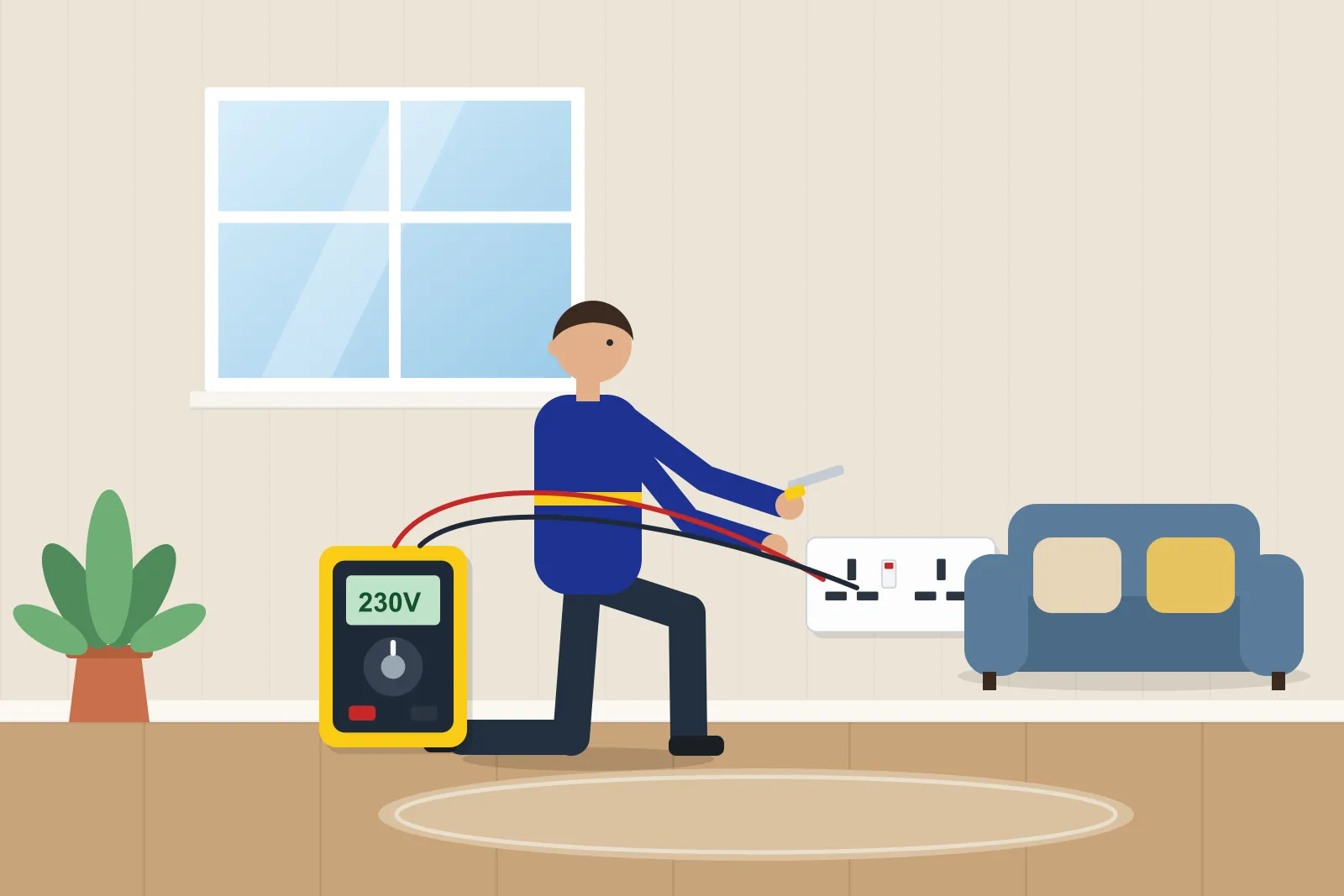 Electrician kneeling to test a double socket with a multifunction tester in a living room