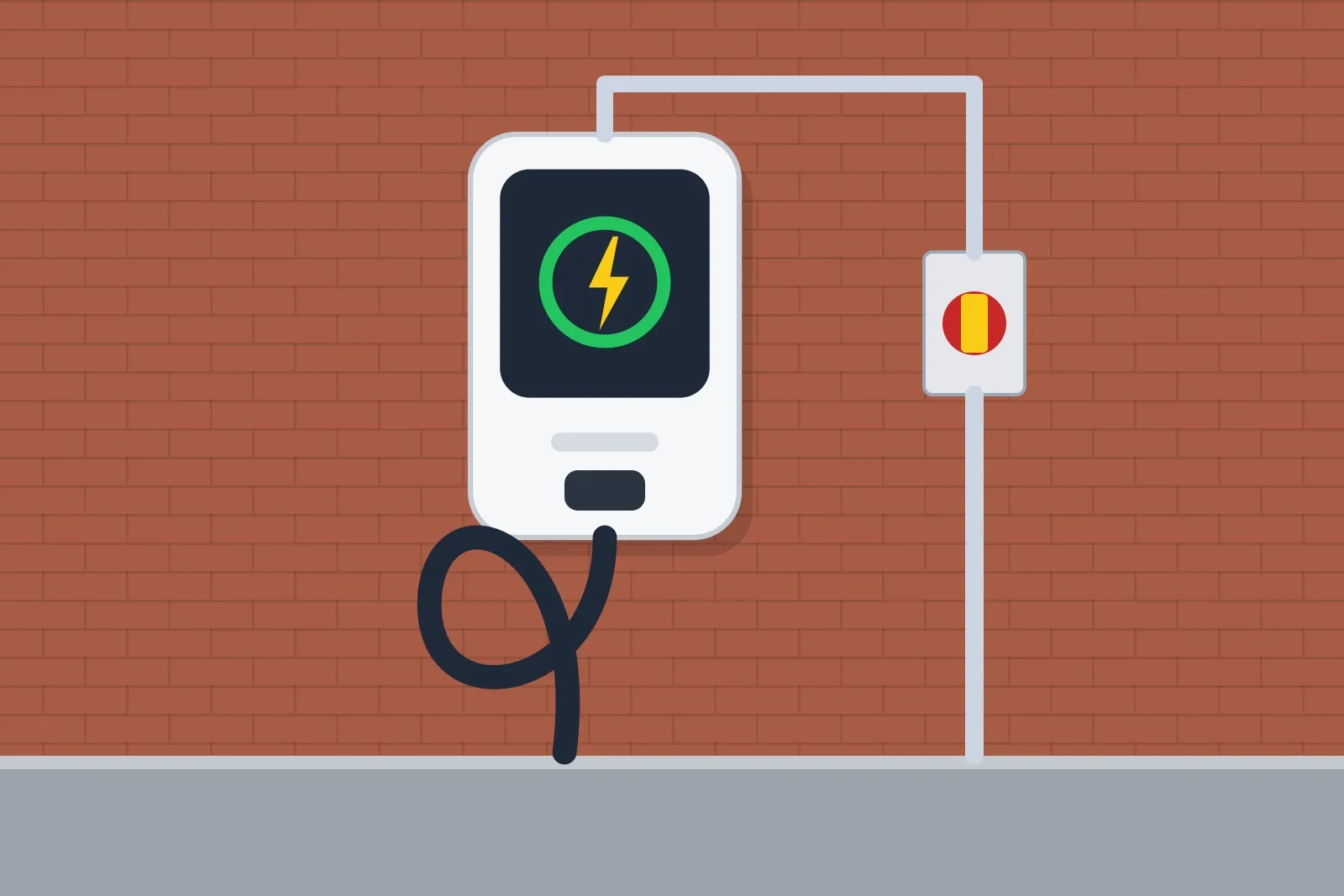 Wall-mounted home EV charger with a tethered cable and an outdoor isolator switch