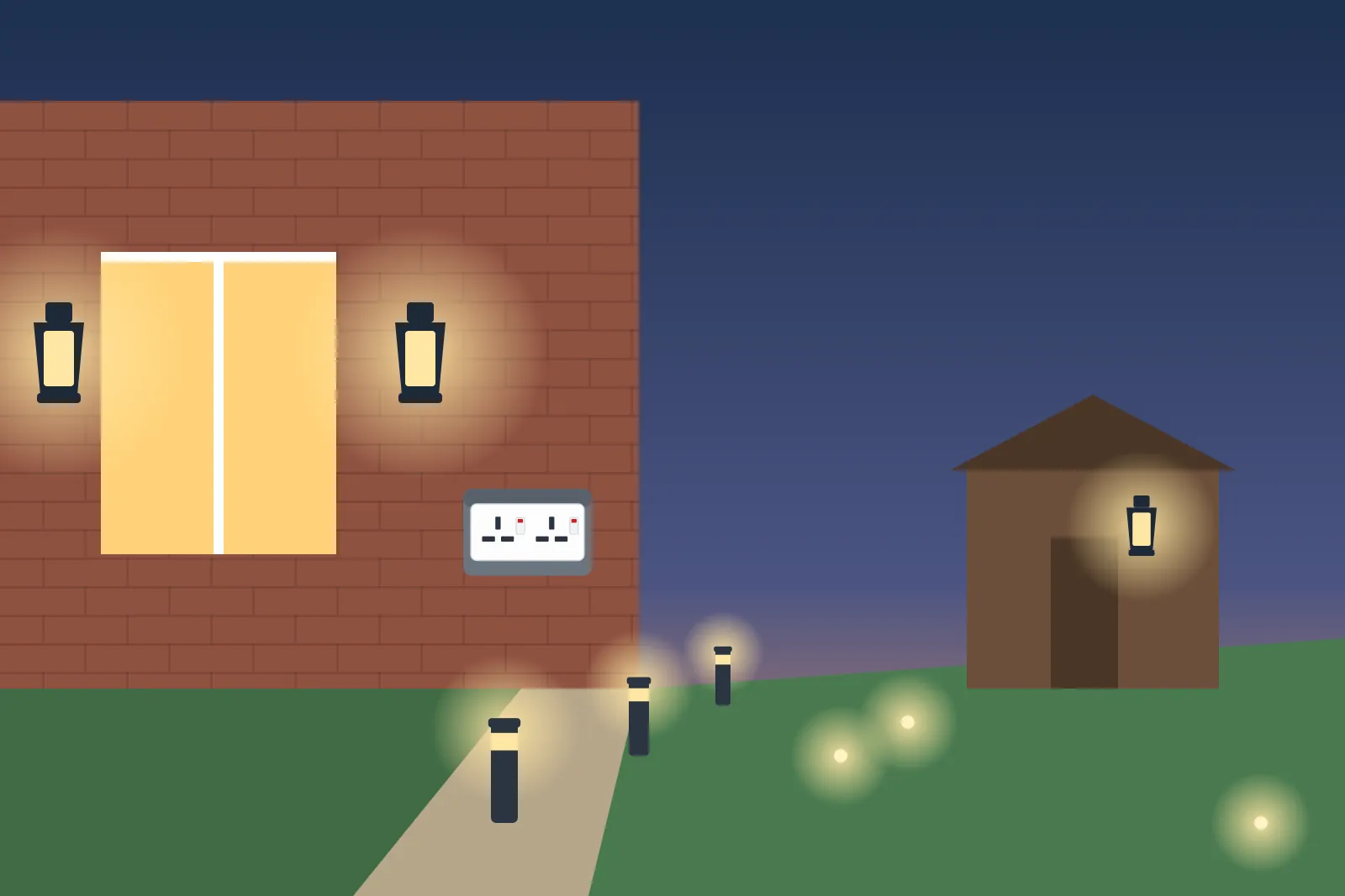 Garden at dusk with wall lanterns, path bollard lights, an outdoor socket and a lit shed