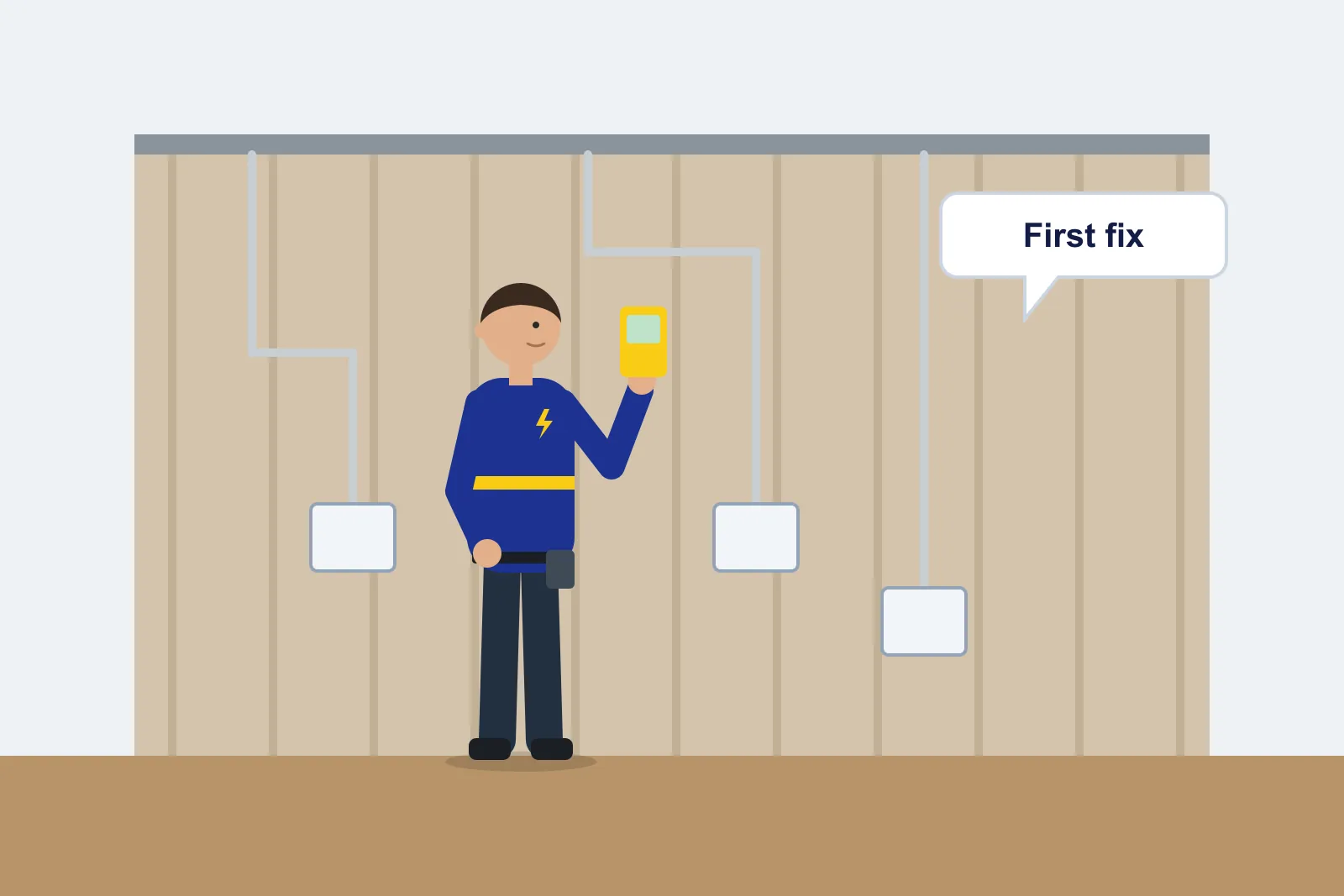 Unplastered extension wall with first-fix cables running to back boxes and an electrician testing