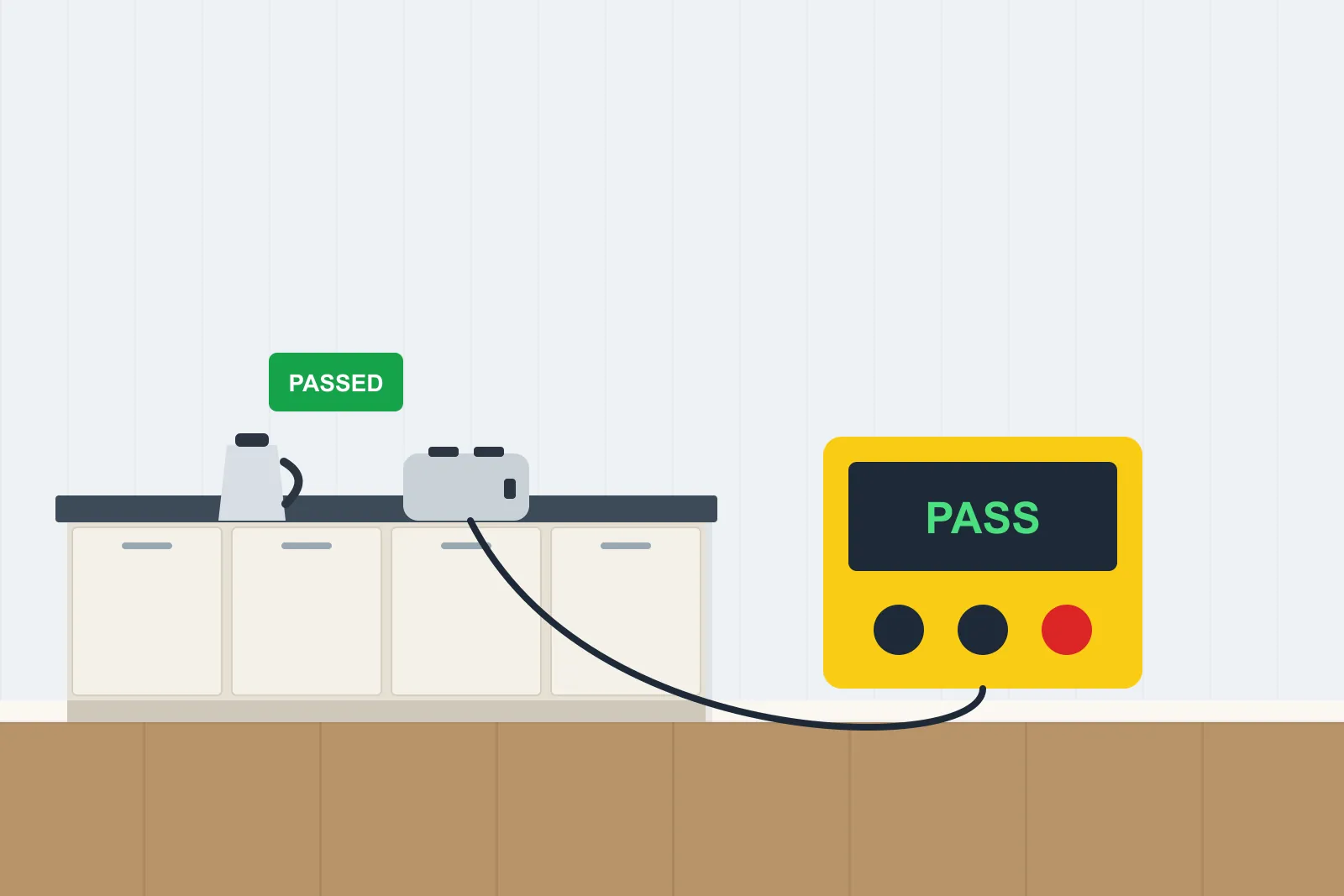 Kitchen appliances with a passed test label and a yellow portable appliance tester