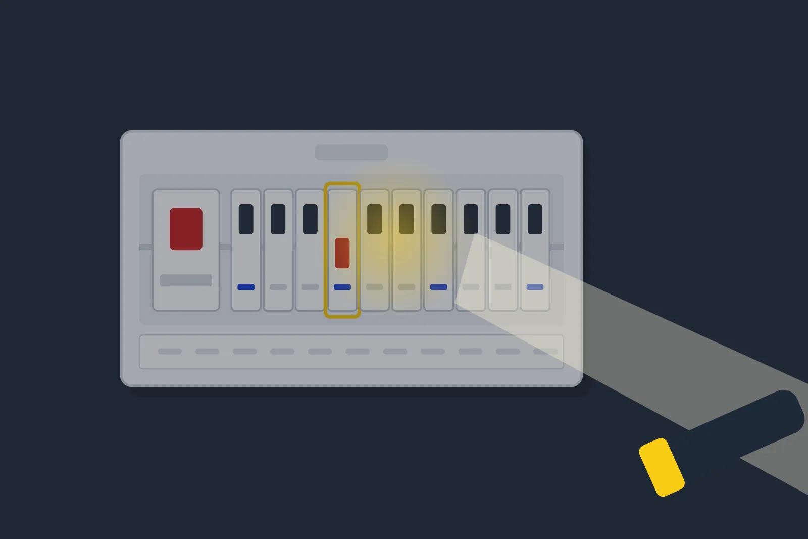 Torch shining on a consumer unit in a dark hallway with one circuit breaker tripped