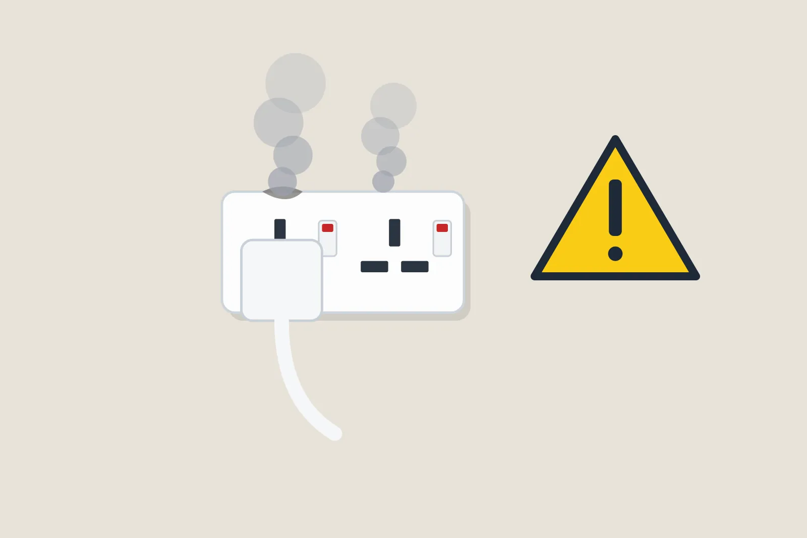 Scorched socket with a plug, smoke rising and a yellow warning sign