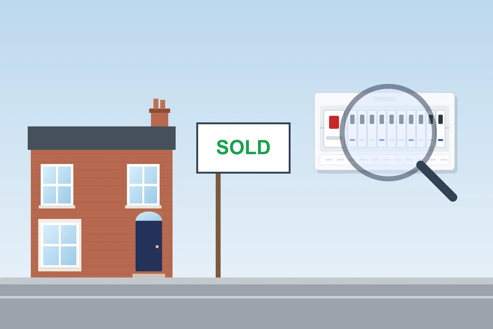House with a Sold sign and a magnifying glass over its consumer unit
