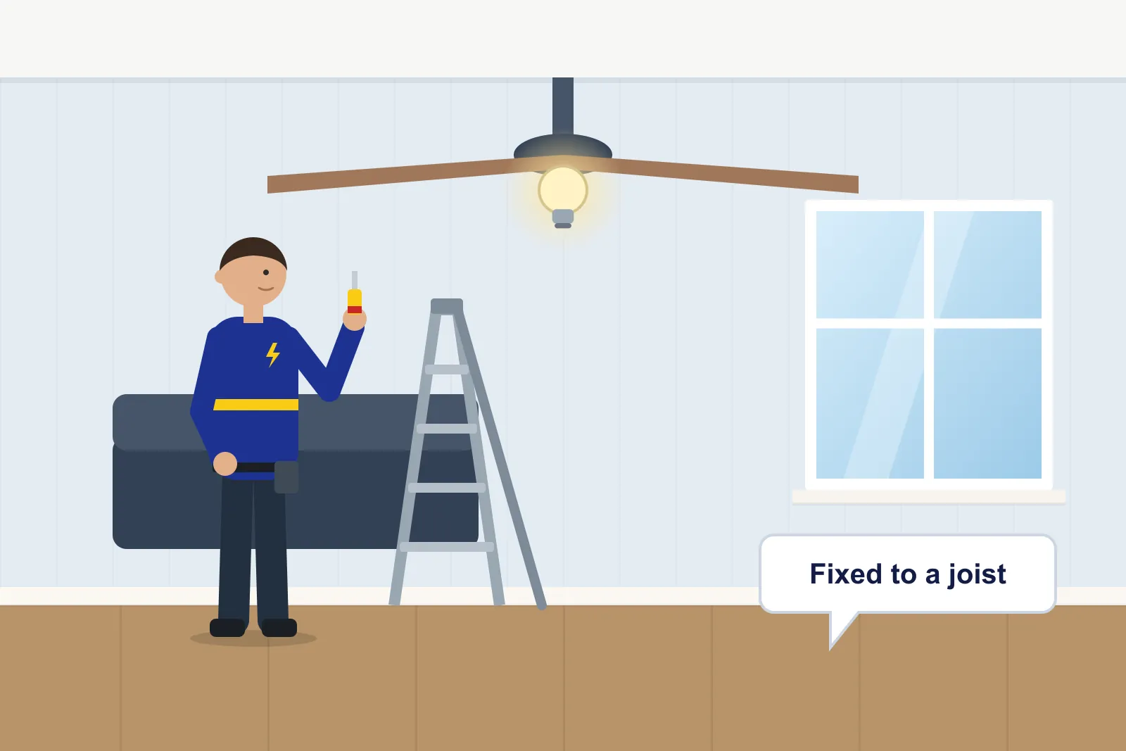 Electrician on a stepladder fitting a low-profile ceiling fan with a light in a bedroom ceiling