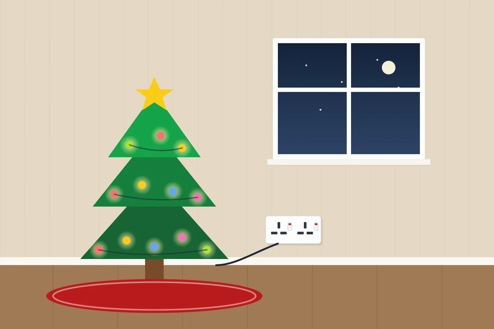 Christmas tree with fairy lights plugged into a wall socket on a winter evening