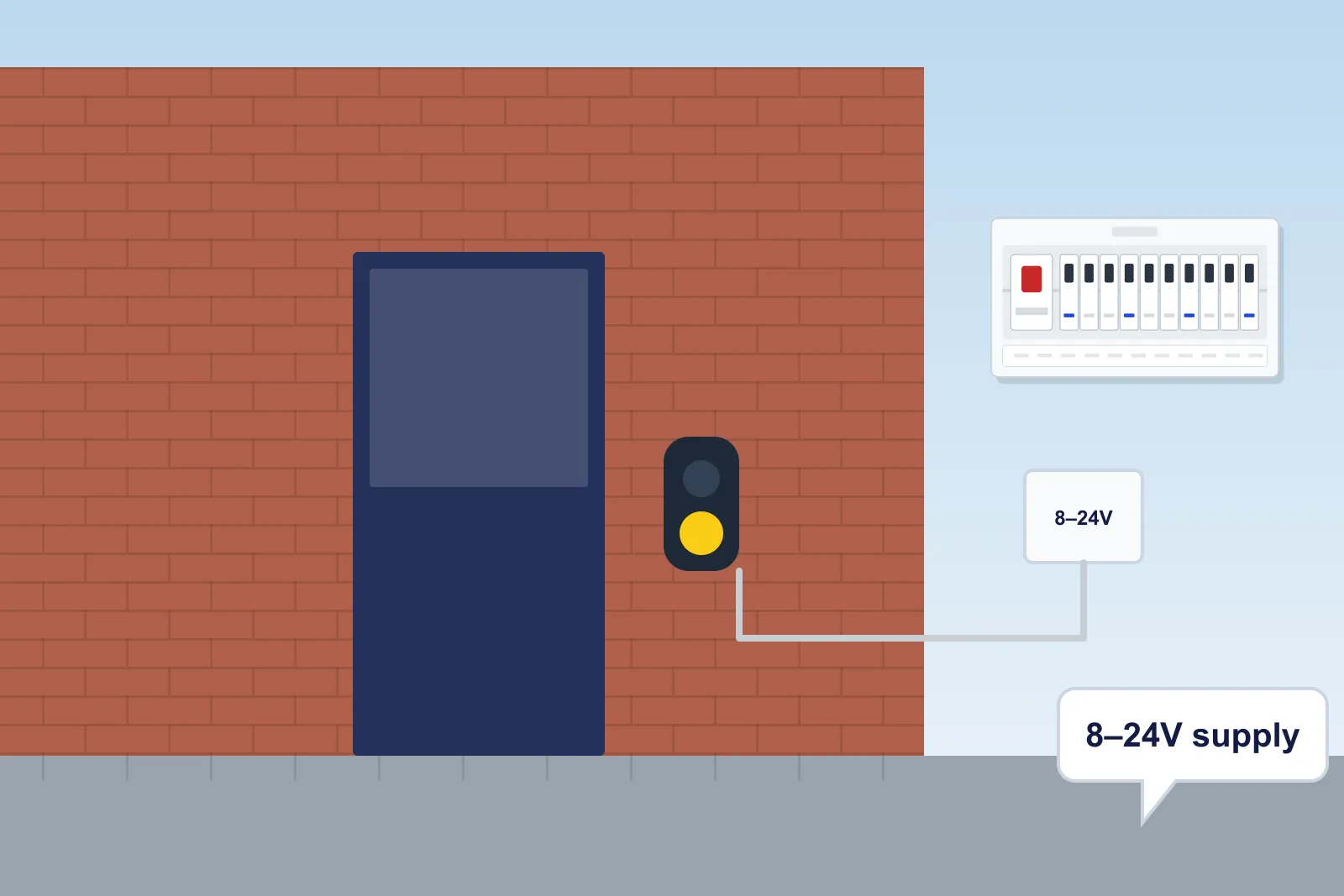 Front door with a hardwired video doorbell wired to a low-voltage transformer next to the consumer unit