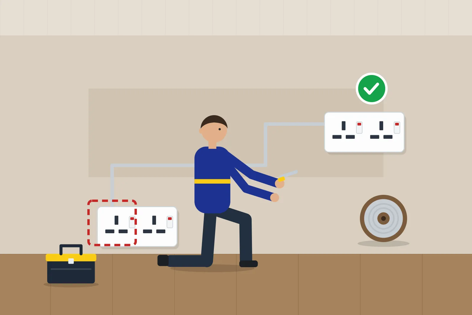 Electrician kneeling by a wall during a renovation, moving a double socket to a new position with the cable route marked