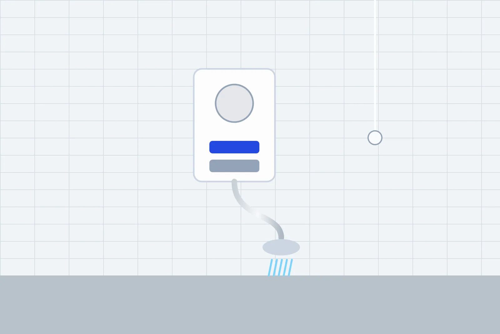 Electric shower unit on a tiled wall with a ceiling pull-cord switch