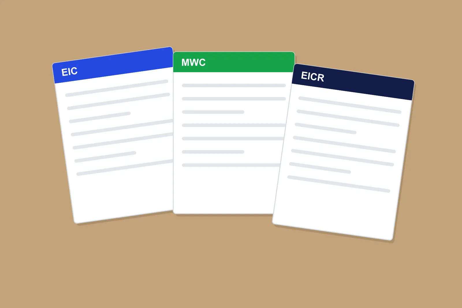 Three electrical certificates fanned out, labelled EIC, MWC and EICR