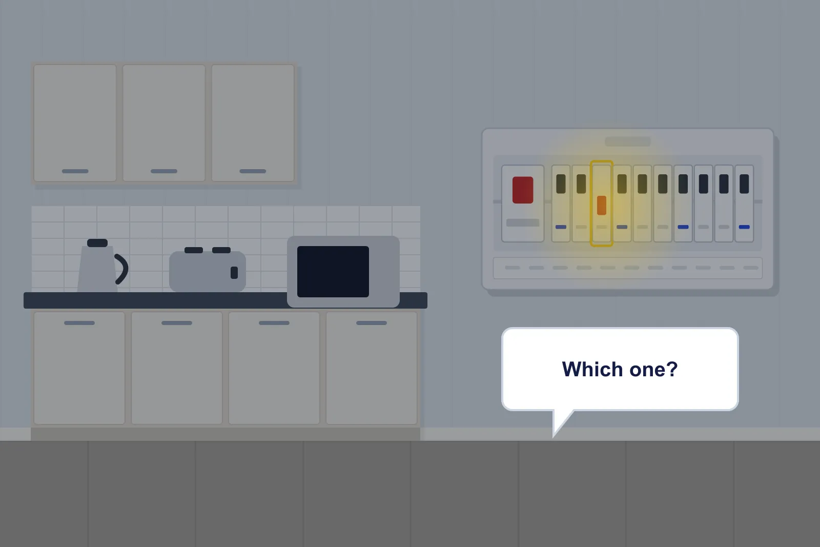 Darkened kitchen with appliances on the worktop and a consumer unit showing one tripped breaker
