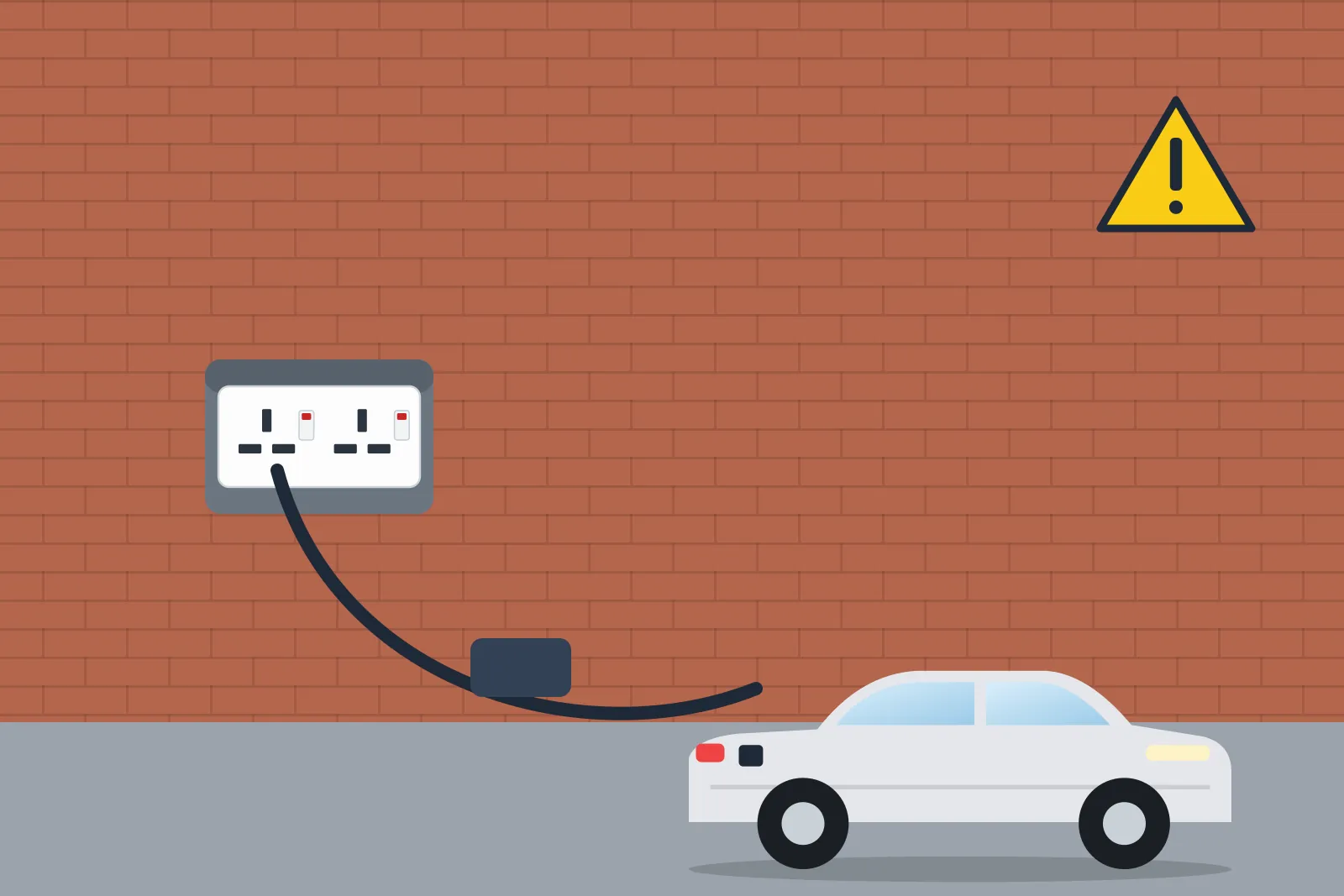 Electric car charging from an outdoor three-pin socket with a warning sign