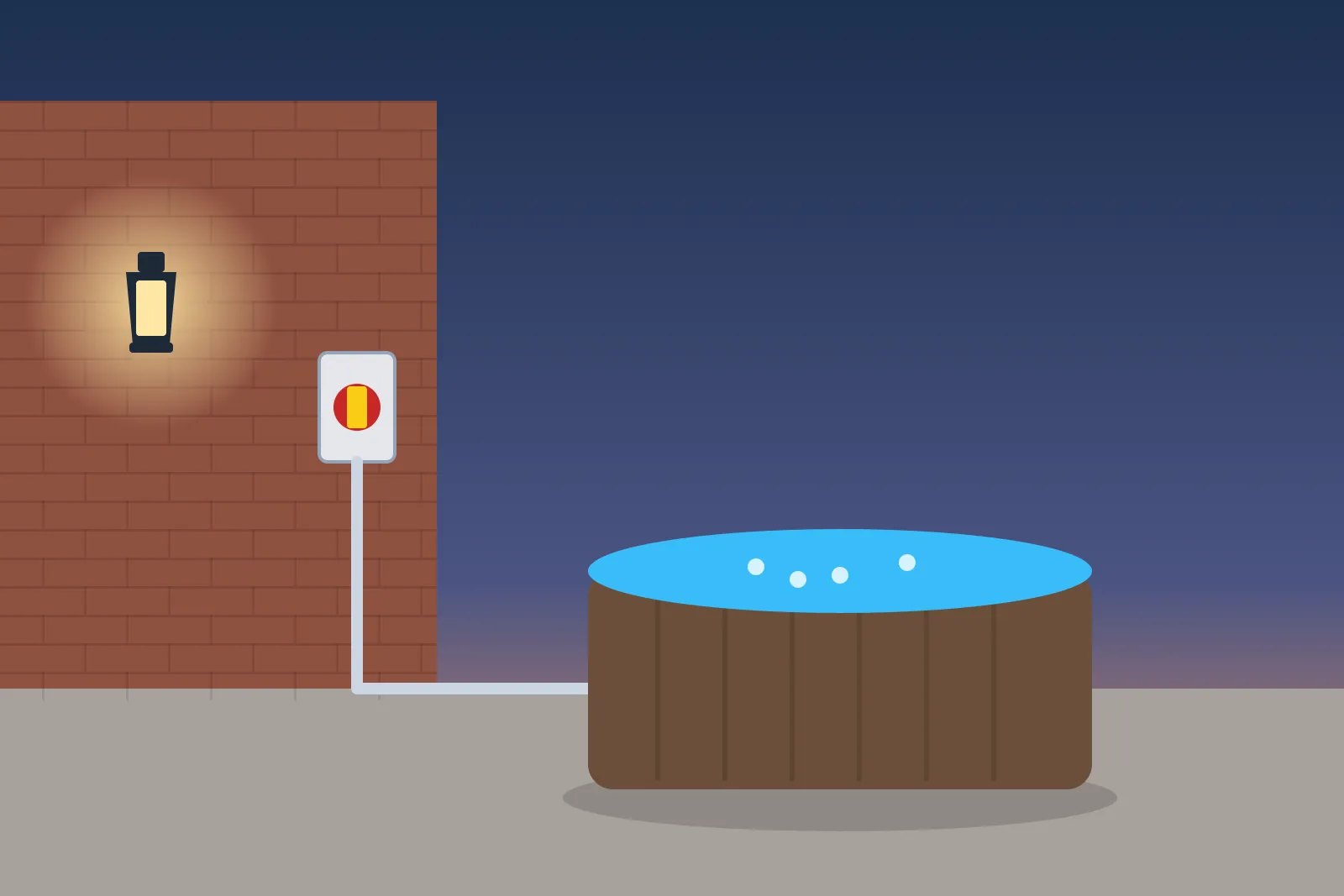 Hot tub on a patio at dusk with a rotary isolator switch on the house wall