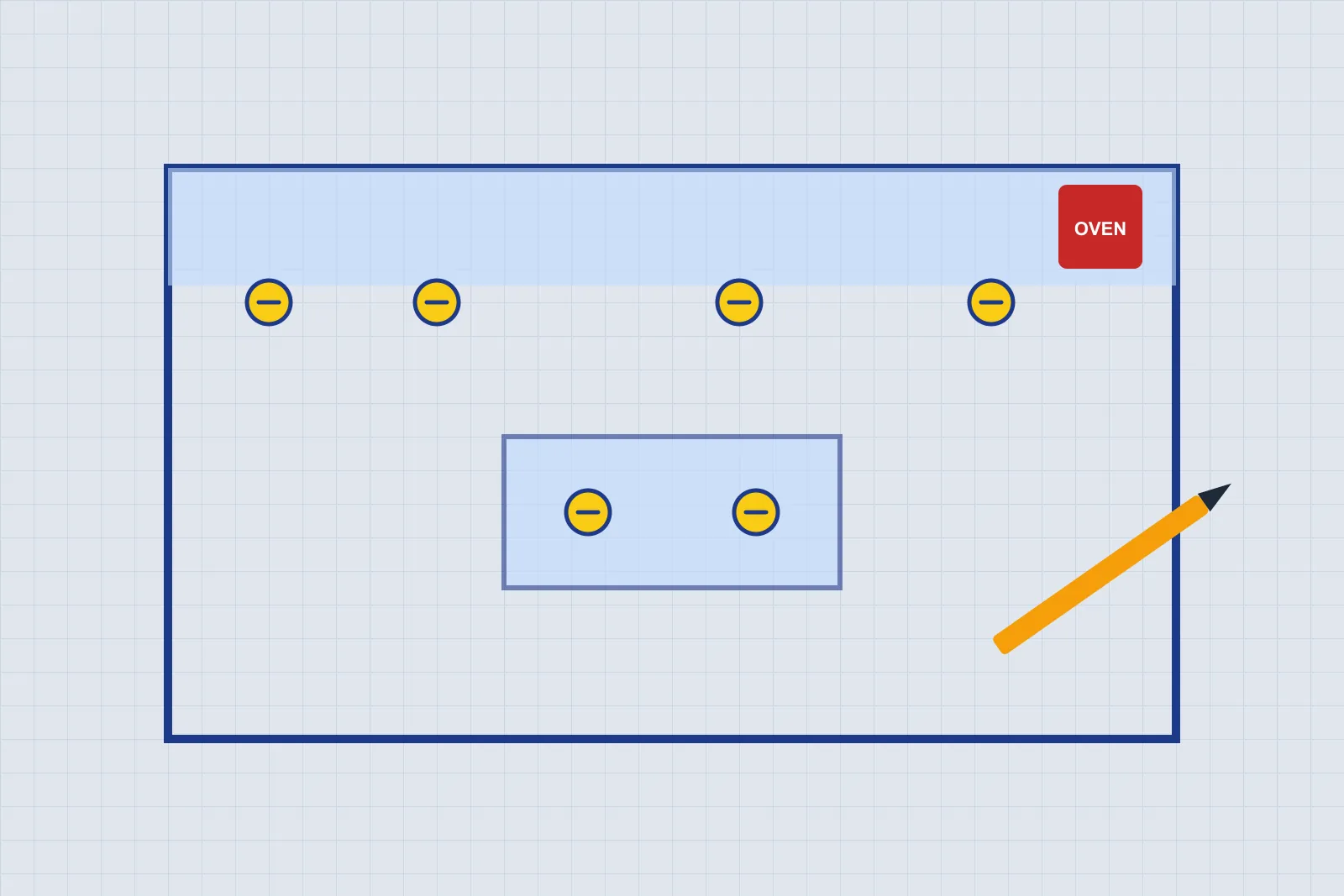 Kitchen floor plan with socket positions marked, an oven circuit and a pencil