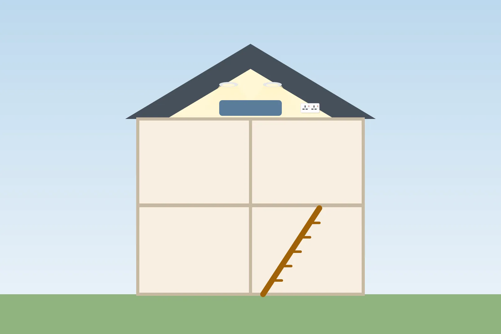 Cut-away house with a lit loft room, downlights, a sofa and a socket, reached by new stairs