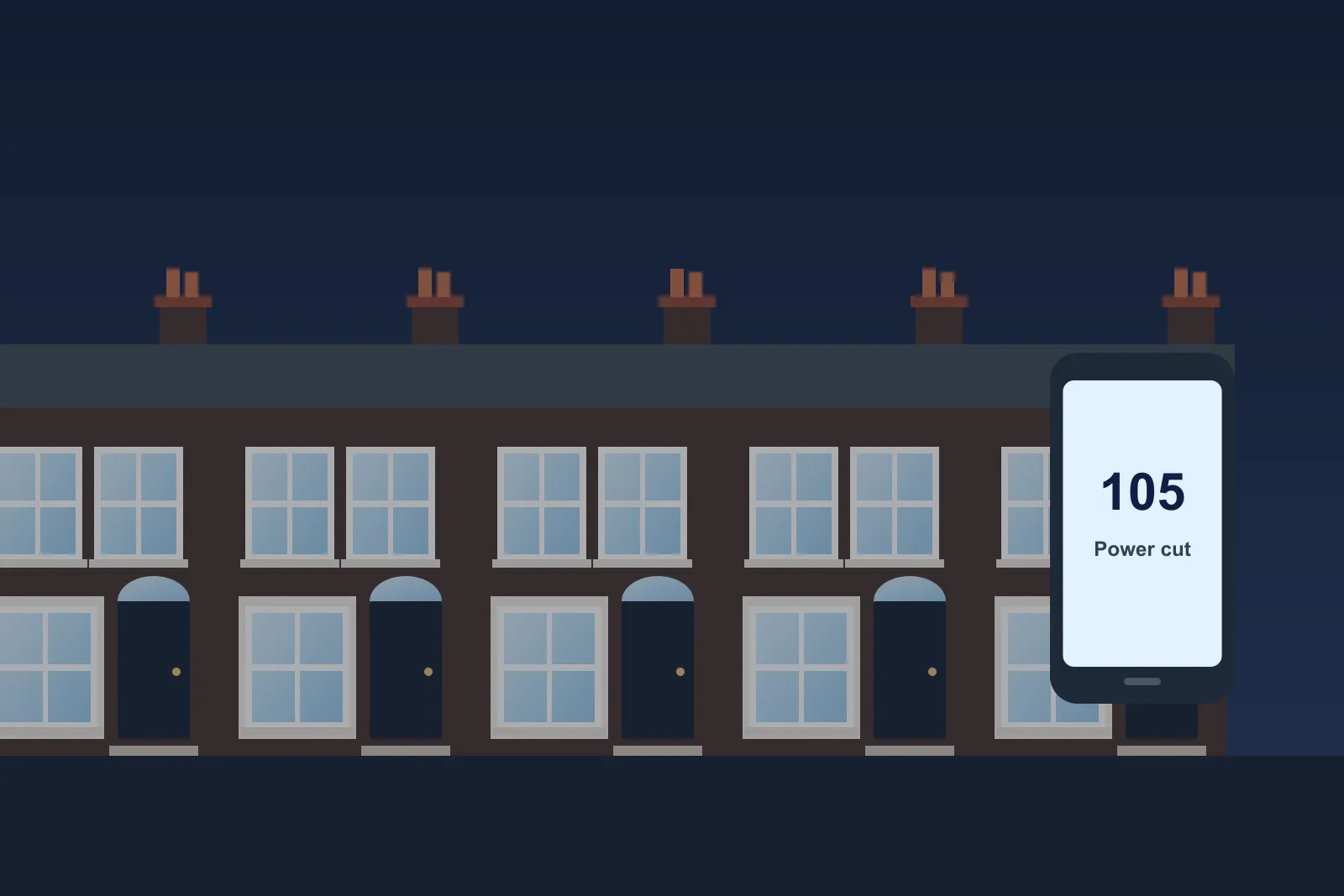 Street of dark houses during a power cut with a phone showing the number 105