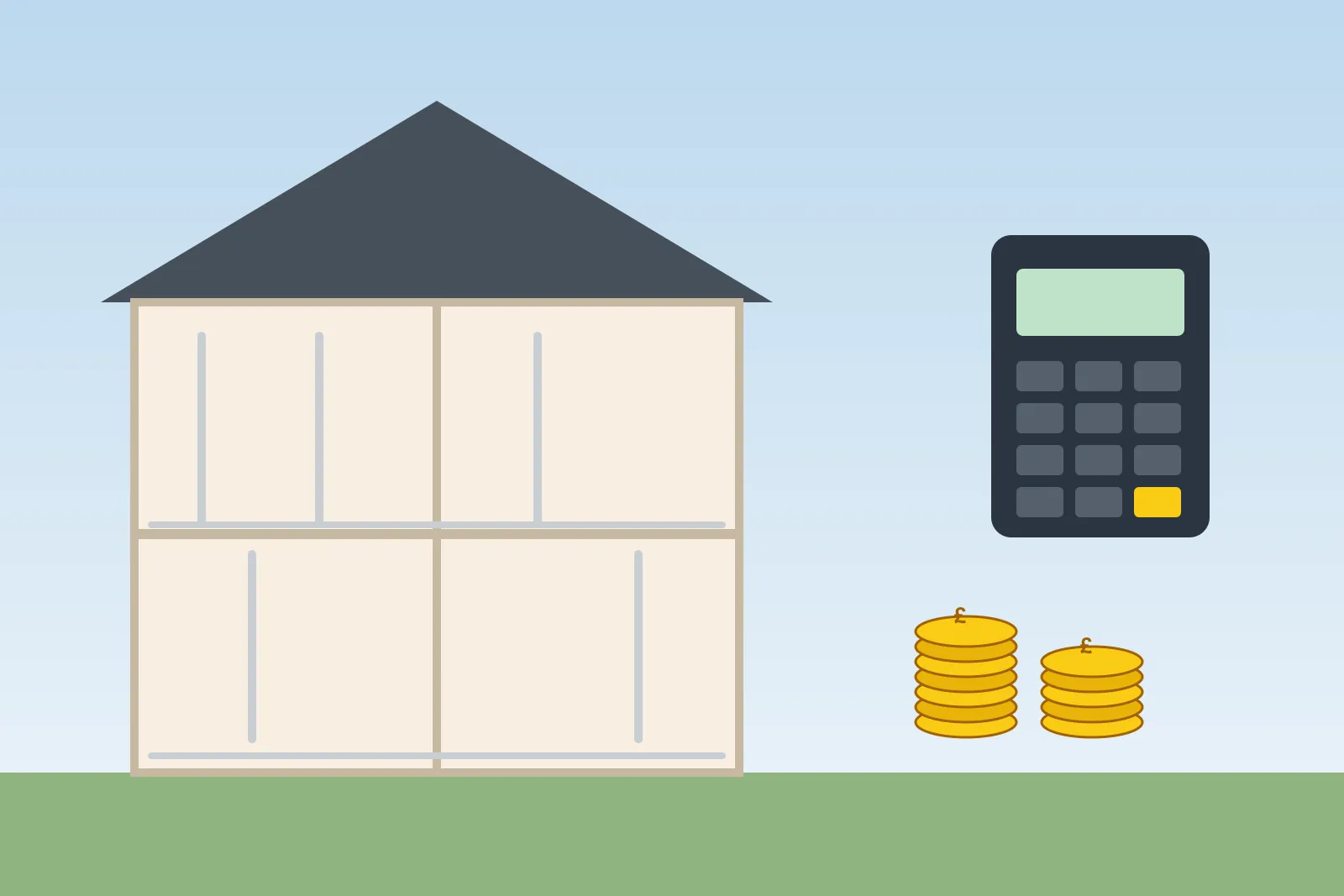 Cut-away house showing new cables in the walls, with stacks of pound coins and a calculator