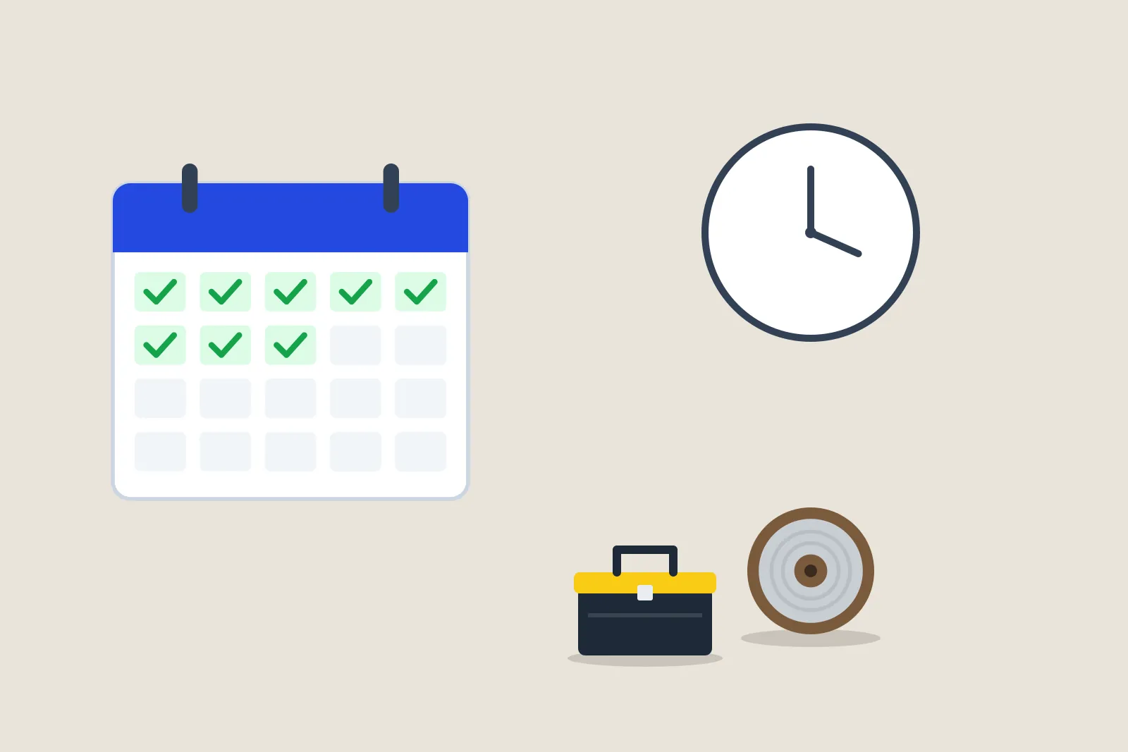 Calendar with eight days ticked off beside a clock, a toolbox and a cable drum