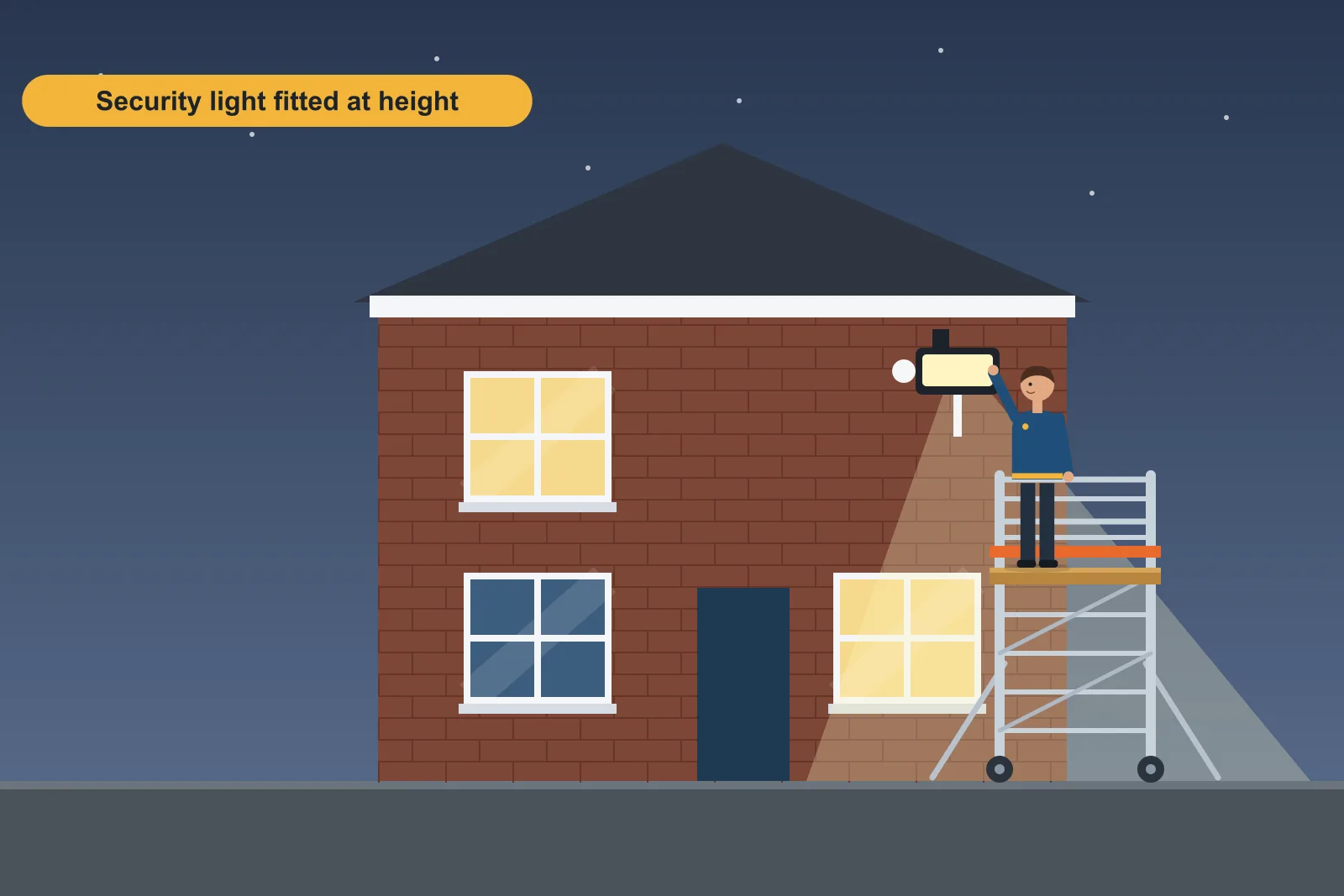 Electrician on a mobile scaffold tower fitting a PIR security light high on the wall of a brick house at dusk