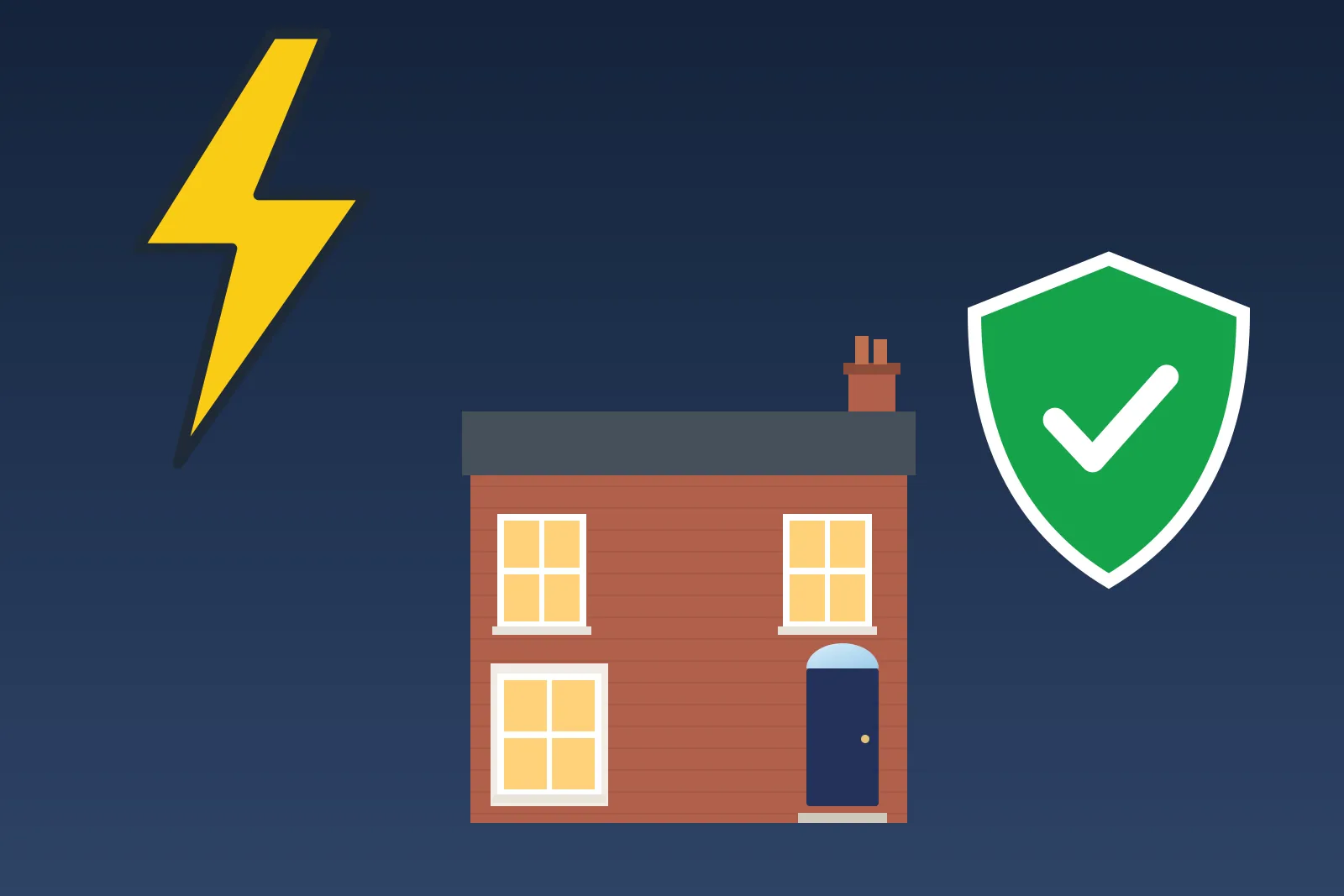 Lightning striking at night above a terraced house protected by a green shield