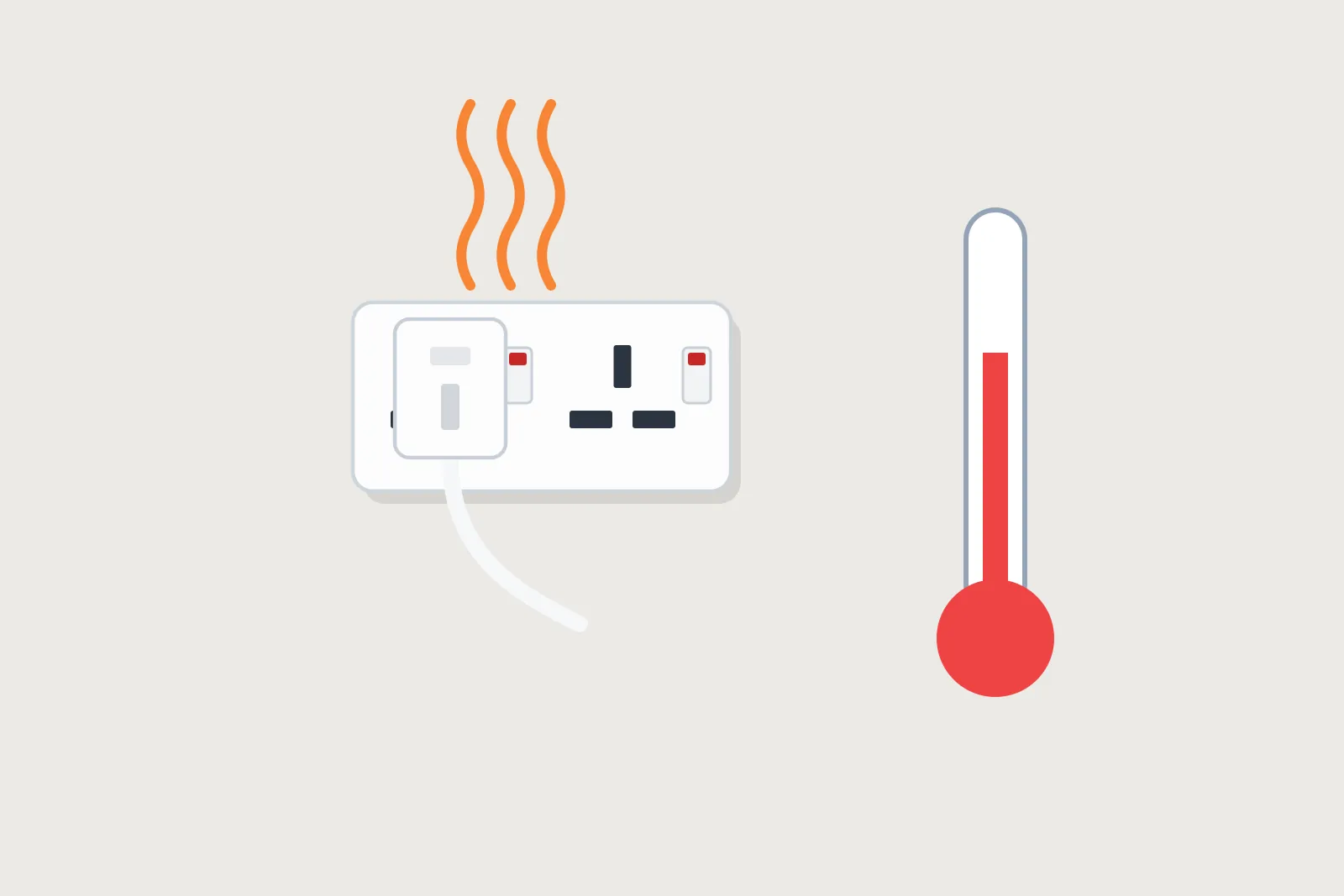Plug in a wall socket with heat waves rising and a thermometer in the red