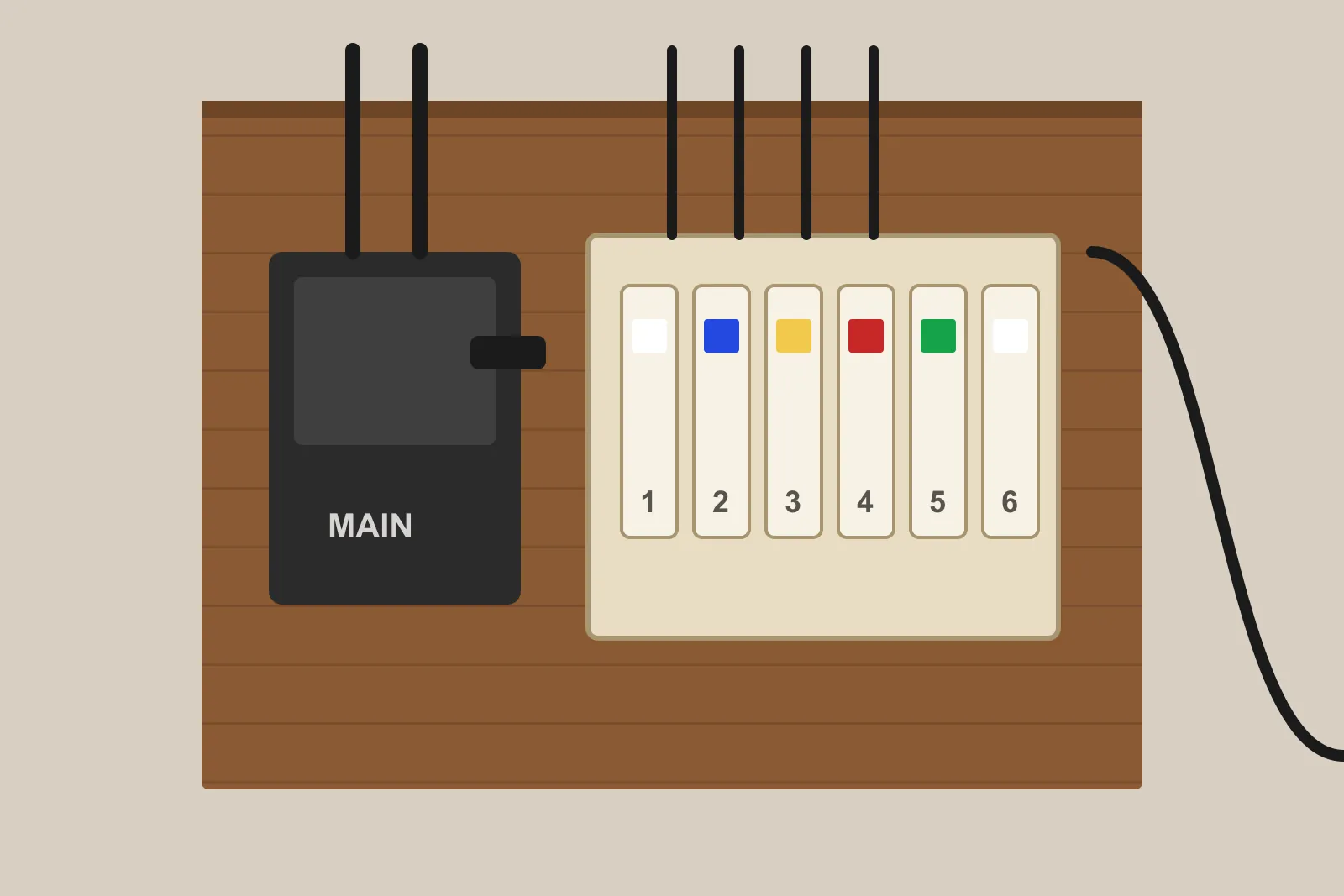 Old fuse box with a separate main switch and rewireable fuse carriers on a wooden board