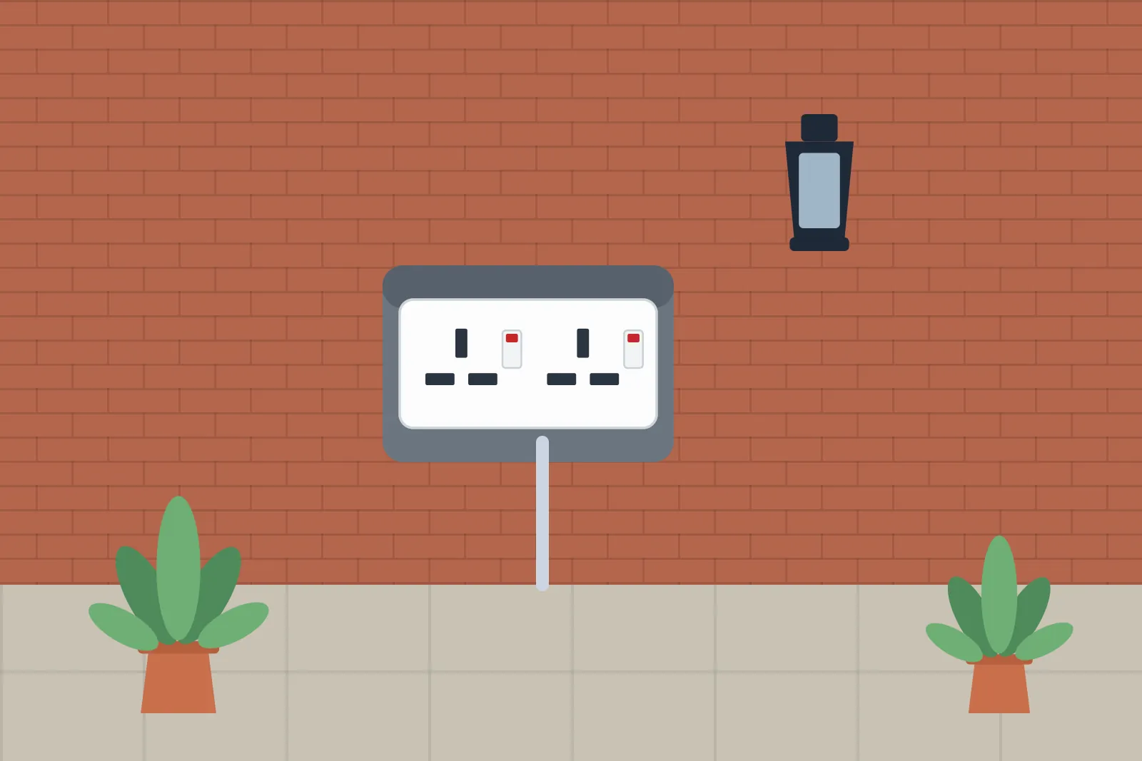 Weatherproof outdoor double socket on a brick wall above a patio