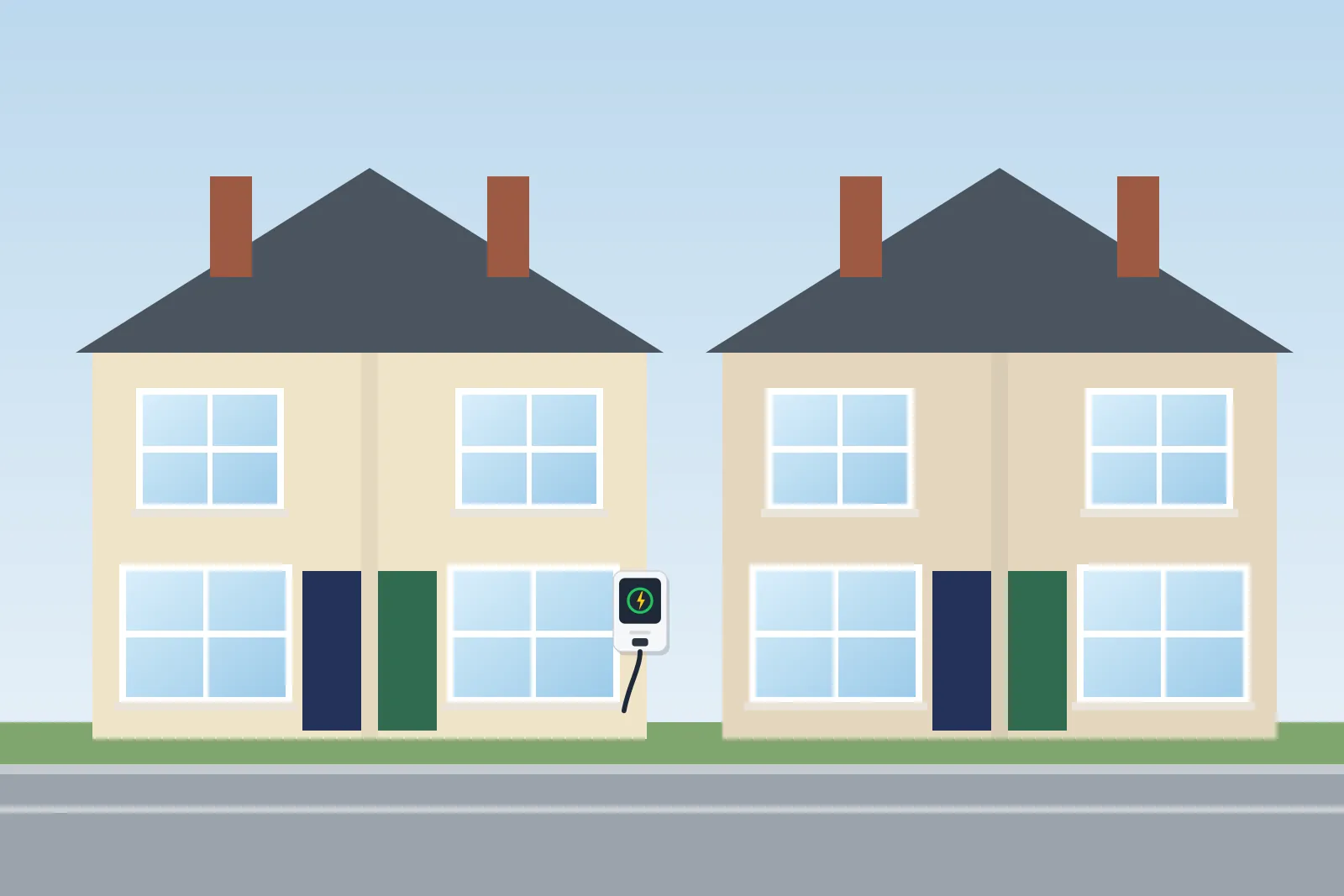 Pair of rendered semi-detached houses, one with an EV charger by the front door