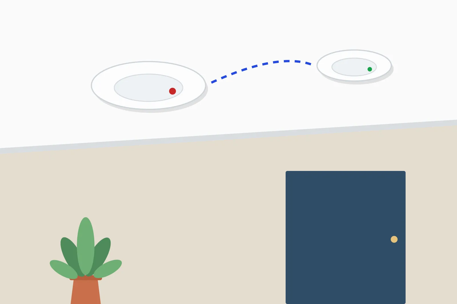 Two interlinked smoke and heat alarms on a hallway ceiling