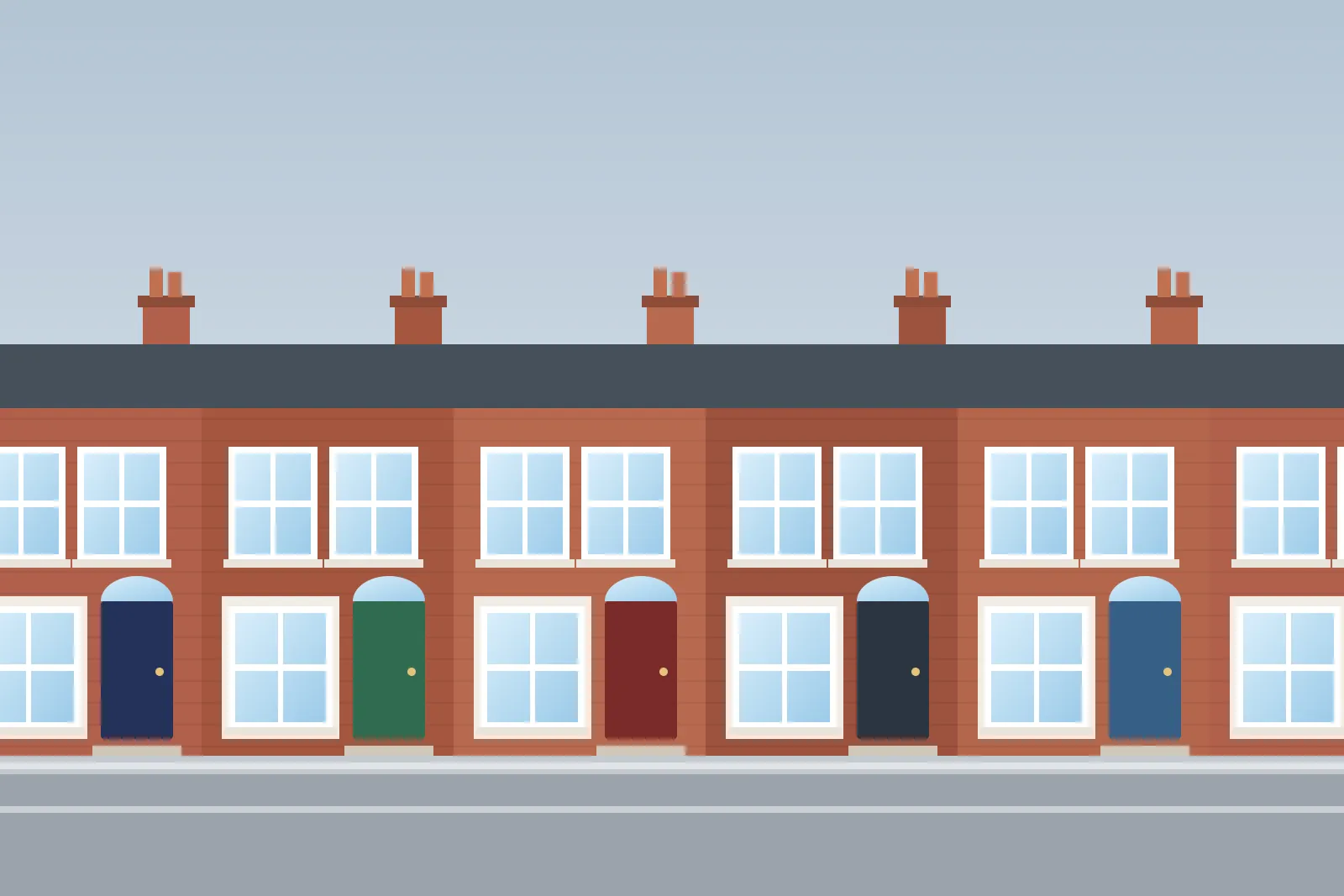 Row of red-brick terraced houses with chimneys and sash windows